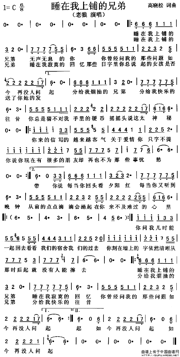 睡在我上铺的兄弟-老狼(简谱) 吉他谱