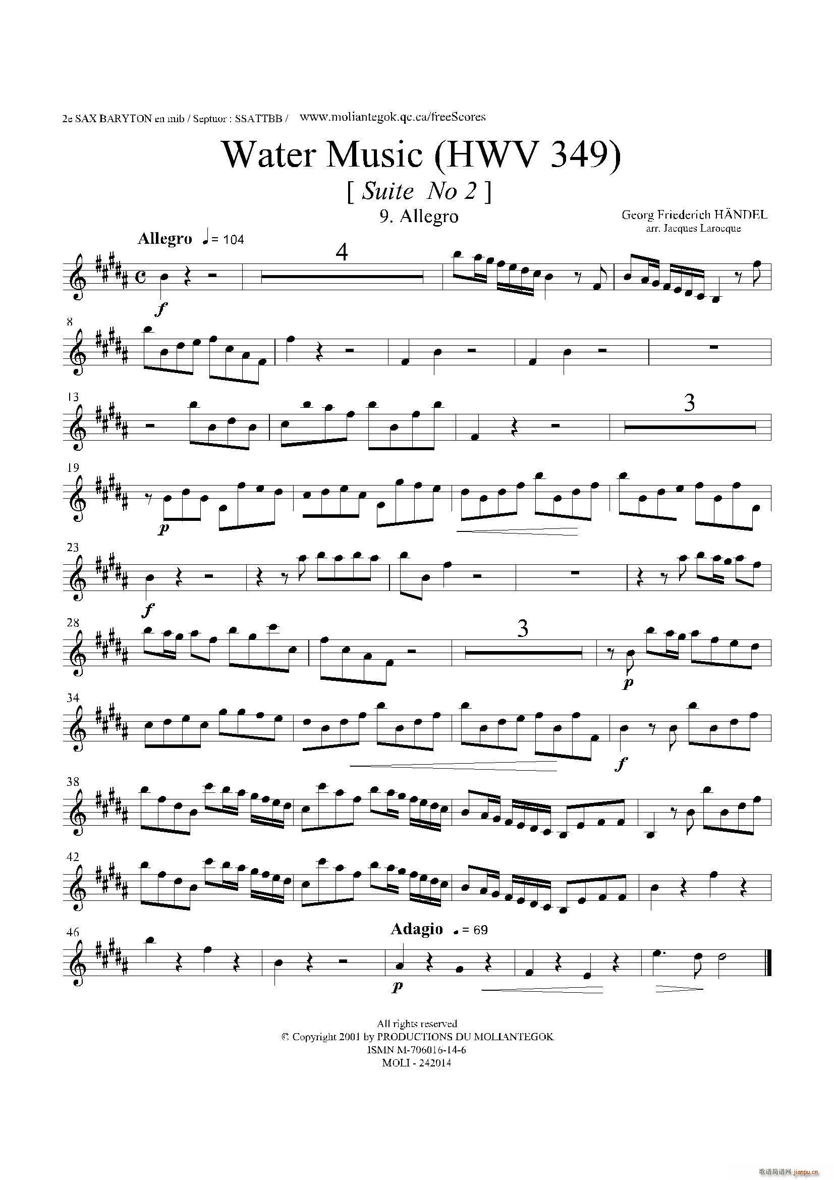 未知 《Water Music（HWV 349 No 2）（第二上中音萨克斯）》简谱