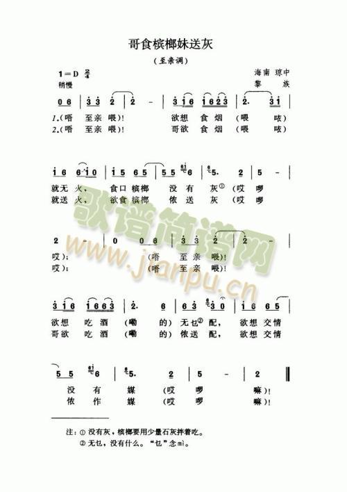 未知 《哥食槟榔妹送灰（至亲调）》简谱